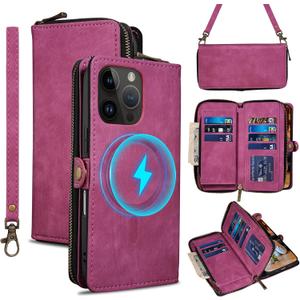 Rssviss Wallet Case for iPhone 16 Pro Crossbody with Card Holder Wrist Strap, Flip Zipper Case Compatible with Magsafe, RFID Blocking Purse Cover for iPhone 16 Pro Women Men 6.3 inch Hotpink