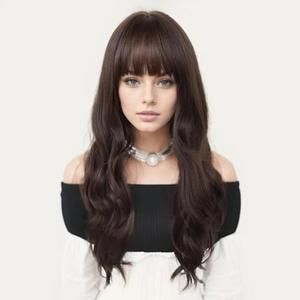 GNIMEGIL 25 Inch Long Wavy Wig With Bangs Natural Curly Hair Medium Dark Brown Wigs For Women Dilay Use Heat Resistant Synthetic Wig