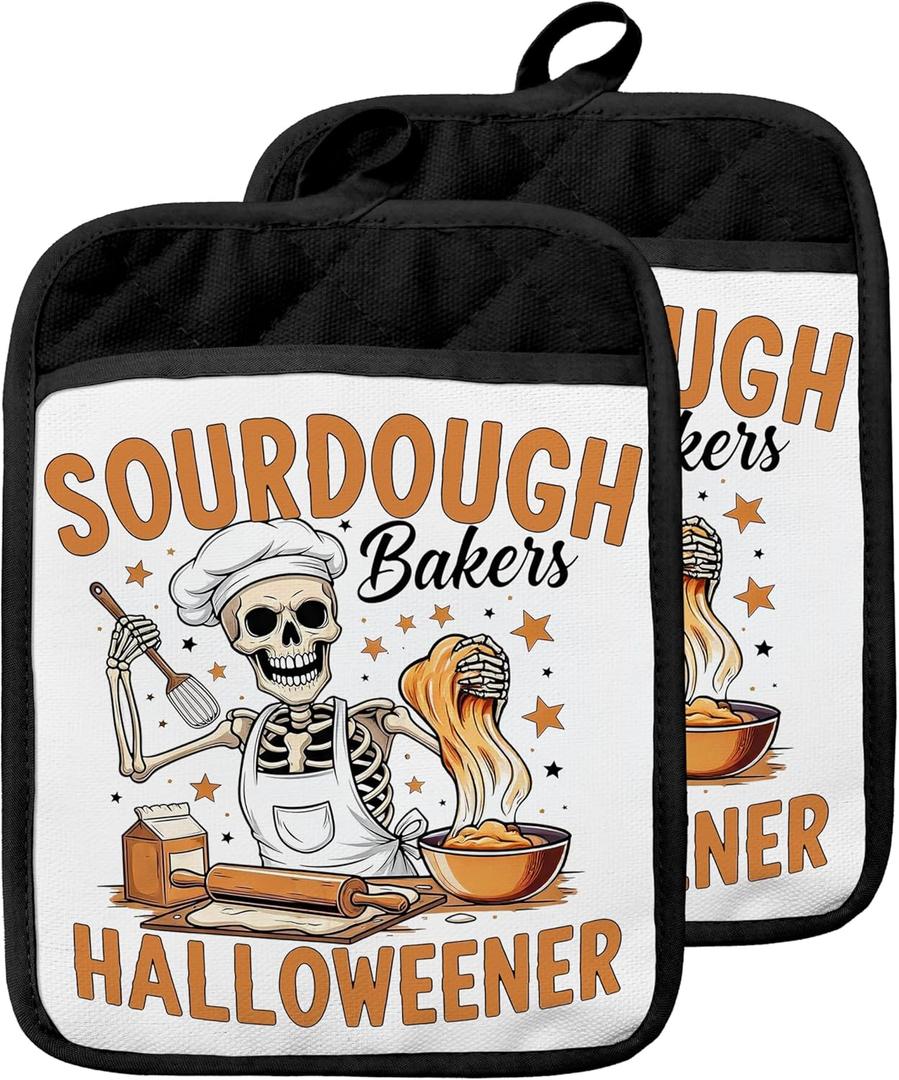 Halloween Skeleton Baker Pot Holders with Pockets, Gifts for Sourdough Bakers, Funny Halloween Skull Oven Pot Holders Heat Resistant Oven Mitts Hot Pads for Kitchen Baking Cooking