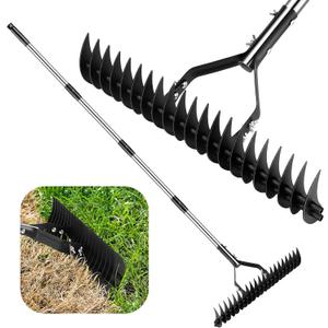 Thatch Rake for Lawns 21 Curved Steel Tines with 64'' Adjustable Metal Handle Handle Heavy Duty Dethatcher Rake for Garden Yard Farm Lawn Care Leveling Gathering Leaf Grass Removal (Black-2)