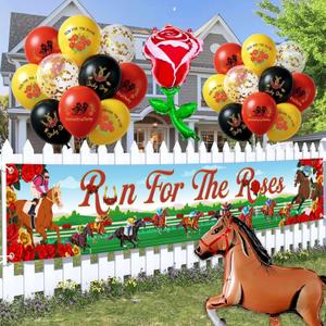 Kentucky Balloons Party Decorations - Run for the Roses Banner with Horse Racing Theme Balloons, Rose Foil and Latex Balloon Decor for Derby Party