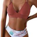 Tainehs Women's Push Up V Neck Bikini Sets Criss Cross Back Two Piece Bathing Suit (Medium, Brick Red Floral)
