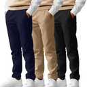 3 Pack Boys' School Uniform Pants Elastic Waist Stretch Youth Trousers with Pockets Straight Fit for Kids (10-11 Years, Navy Blue, Khaki, Black)