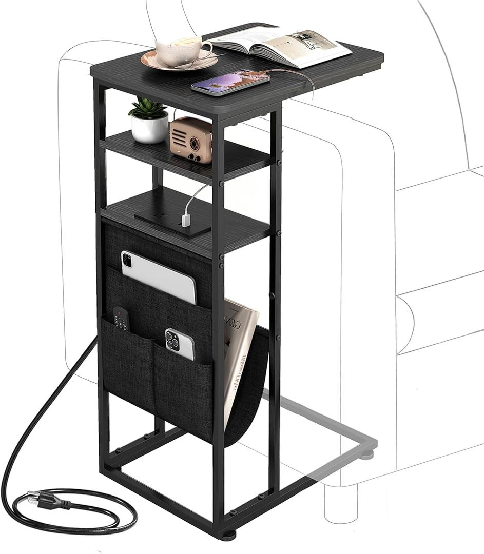 C Shaped End Table with Charging Station, 28"(H) 3-Tier C Table with Storage Bag, Under Couch Table C-Shaped End Table with Storage Shelves and Bag for Living Room, Bedroom, or Office