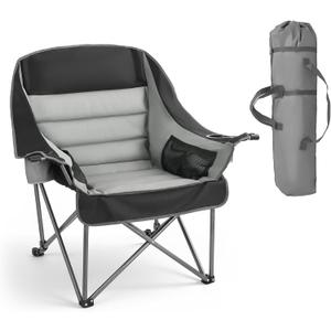 VEVOR Oversized Camping Chairs, 450 lbs Heavy Duty Support, Portable Padded Folding Camp Chairs with Dual Cup Holders & Wine Glass Holders, Carry Bag for Outdoor, Fishing, Black & Gray, 1 Pack, 39.4 x 27.6 x 38.5 in / 1000 x 700 x 975 mm