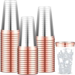 Sliner 50 Pcs Hard Plastic Cups Double Rimmed Plastic Cups Heavy Duty Fancy Disposable Wine Glasses for Holiday Wedding Graduation Birthdays Christmas Valentine Parties(14 Oz,Rose Gold)