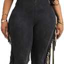 WOKANSE Women's Sexy Solid Bodycon V Neck Fringe Short Sleeve Bell Bottom Long Pants Jumpsuit Romper (Dark Gray) XL