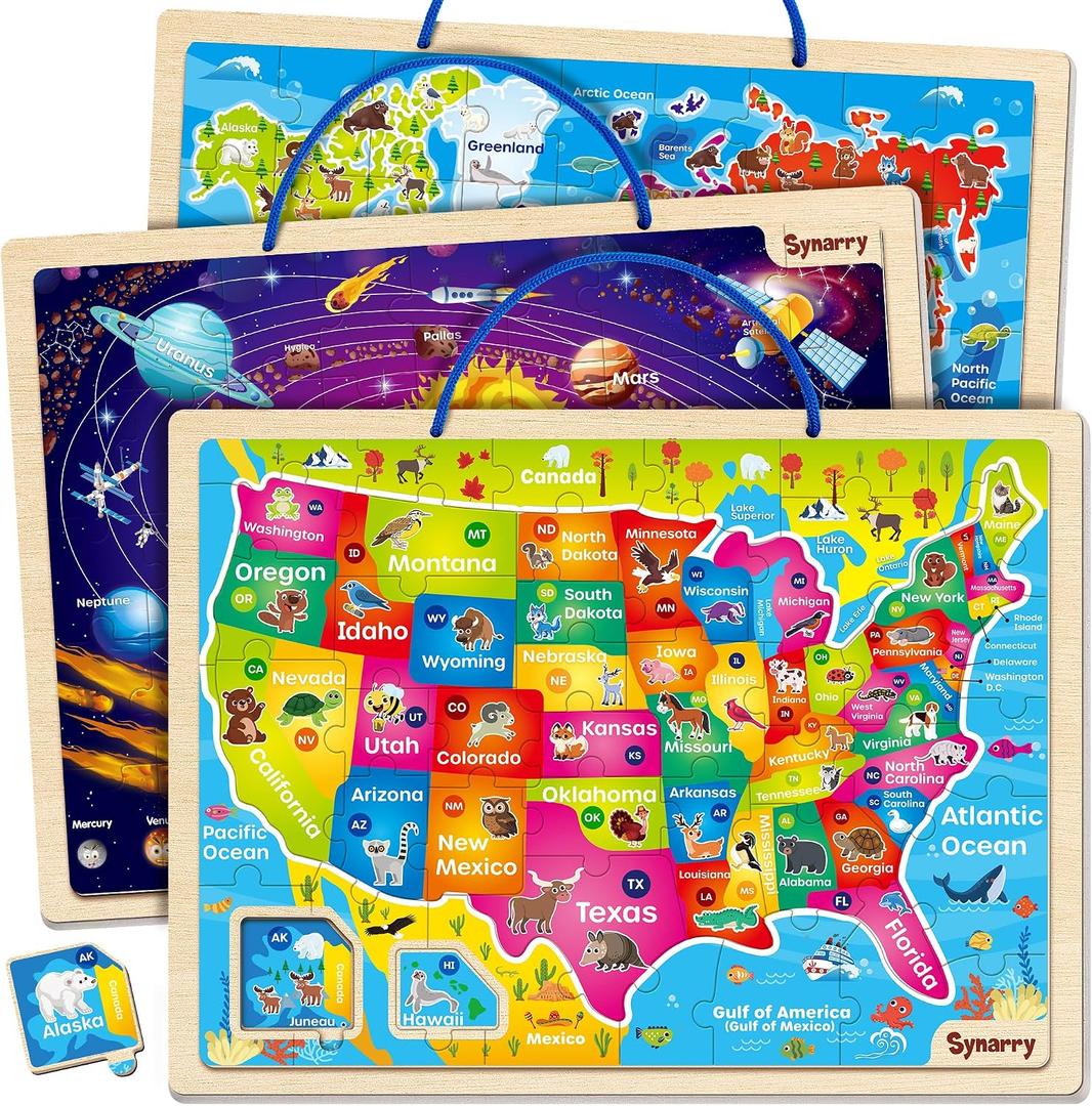 SYNARRY Large USA World Solar System Wooden Magnetic Puzzles for Child Ages 4-6, Wood Puzzles Educational Games Toys Easter Gifts for Children, United States World Space Map for Boys Girls Age 3-5 4-8, 16.14 x 12.2 inches, 136 pieces
