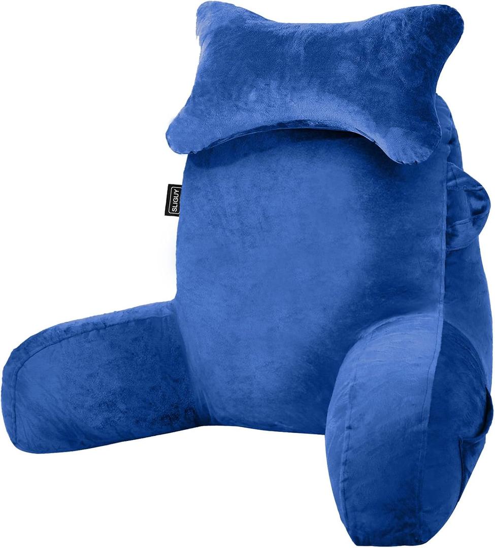 SLIGUY Reading Pillow for Sitting in Bed Couch Adult, Back Pillow with arm Support and Pockets, Adult Back Pillow Bed Chair for Bed Rest, Reading, Watching TV, Gaming for Boys and Girls Blue