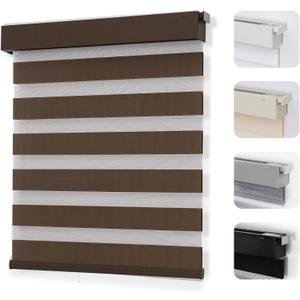 Joydeco No Drill Zebra Blinds for Windows, Cordless Day & Night Dual Sheer Roller Shades, Easy Installation, Free-Stop Lift System, Light Filtering Privacy Blinds for Home(Coffee,28" W x 75" H)