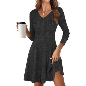 ANRABESS Women Long Sleeve Ribbed Knit Short Dresses 2026 Spring V Neck Casual Swing A Line Sweater Dress (Black, L)