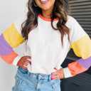 miduo Womens Long Sleeve Tops Color Block Stitching Casual Loose Fit Crew Neck Shirts Blouses (White, XL)