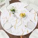 Smiry Round Picnic Tablecloth, Waterproof Elastic Fitted Table Covers for 45" - 56" Tables, Wipeable Flannel Backed Vinyl Tablecloths for Camping, Indoor, Outdoor, White & Gold, For Up to 45"-56" Round