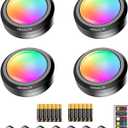 Puck Lights with Remote,7 Colors Under Cabinet Lighting Wireless,Battery Operated RGB LED Lights Dimmable, Push Lights for Closet,Kitchen,Under Counter Lights Bar Display Shelf (4pack)