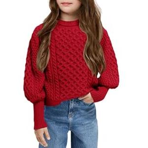 Girls Cable Knit Sweaters Kids Fall Fashion Puff Sleeve Ribbed Cuffs Crewneck Clothes (7-8 Years, Red)