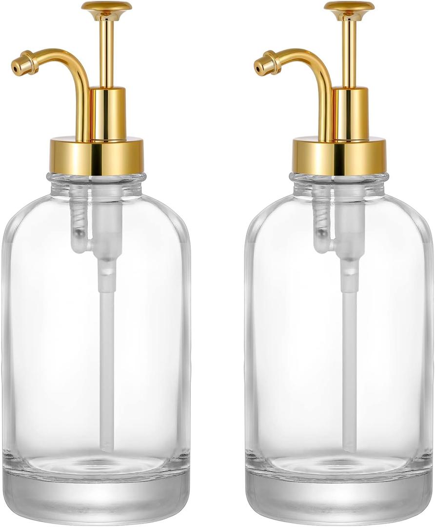 2 Pack Thick Clear Glass Jar Soap Dispenser with Gold Pump, 17ounce Clear Boston Round Bottles Dispenser with Rustproof Pump, Coffee Syrup Dispenser Bar Accessories, Dish Soap Dispenser for Kitchen