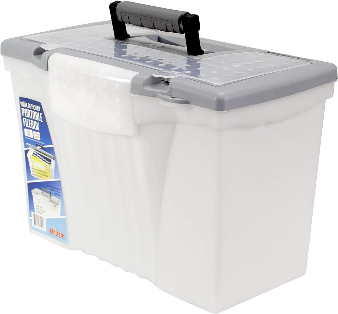 Storex Portable File Box with Organizer Lid, 17.13 x 9.63 x 11 Inches, Frosted/Silver (STX61511U01C)