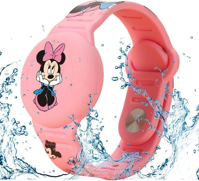 Compatible for Kids Bracelet, Cute Kid Air Tag Wristband Adjustable Hidden Watch Band Air Tag Holder for Apple Air Tag, Soft Silicone Waterproof Air Tag Case for Kids (Pink Minni) (Blue Stitch)