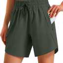 Ksmien Women's 5"/ 7" Athletic Running Shorts Quick Dry Lightweight Workout Gym Shorts with Zipper Pockets UPF 50+ (Medium, Olive Green)