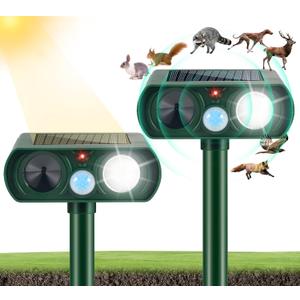 2 Pack 2025 Solar Ultrasonic Animal Repellent Outdoor Deer Repellent Devices Motion Detection Waterproof Cat Skunk Dog Raccoon Squirrel Rabbit Deterrent Animal Repeller LED Flash Light for Yard Farm