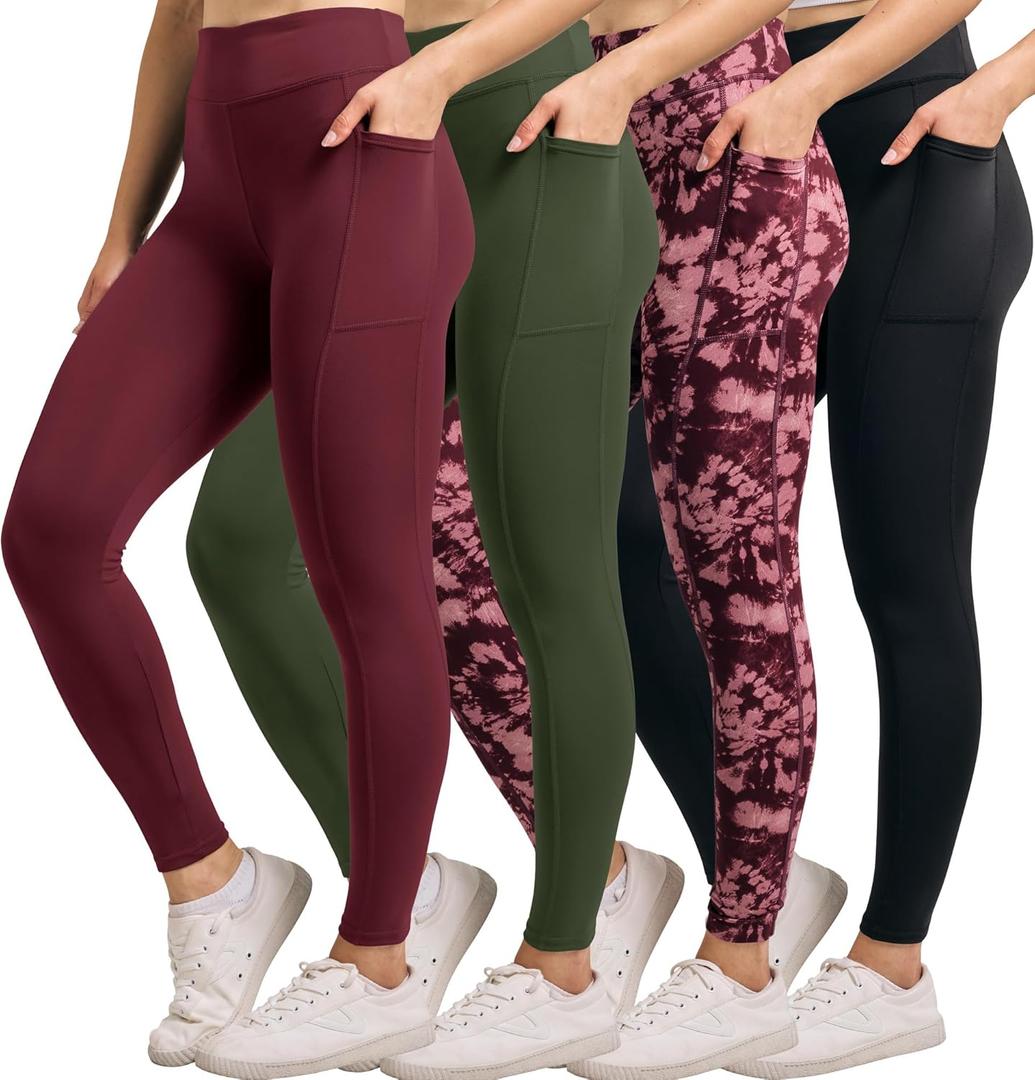 Real Essentials 4-Pack: Women's Full Length Fitted Athletic Yoga Performance Leggings with Pockets (Available in Plus Size) (XXL)