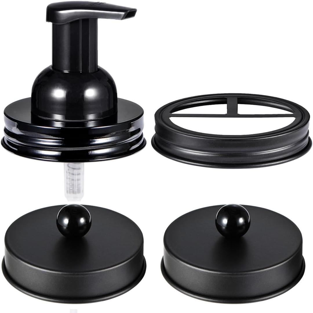 Mason Jar Bathroom Accessories Set(4pcs)-Jars Not Included - Foaming Soap Dispenser and Apothecary Jars Lids for Regular Mouth jar, Wide Mouth Toothbrush Holder lid, Farmhouse Decor-Black