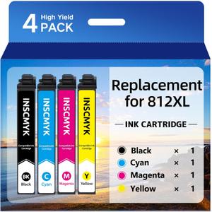 Remanufactured Replacement for 812XL Ink Cartridges Replacement for Epson 812XL Ink Cartridges Combo Pack Replacement for T812XL for Workforce Pro WF-7820 WF-7310 WF-7840 EC-C7000 Printer (4 Pack)