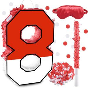 16 Inch Red and White Number 8 Pinata, Birthday Pinata with 16 Inch Piata Stick Blindfold Confetti for Kids 8th Birthday Party Decorations