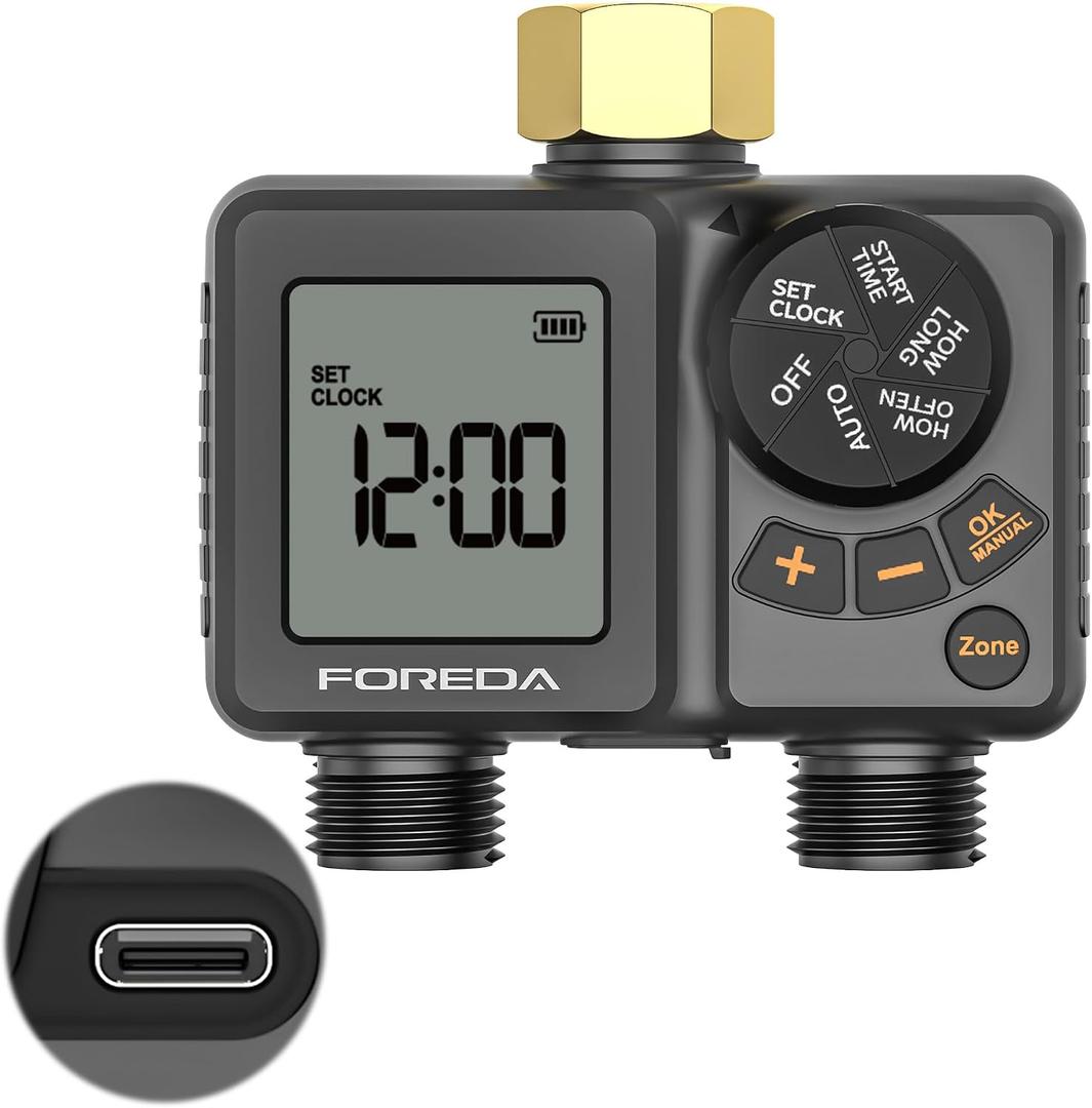 2 Outlet Water Timer for Garden Hose, Programmable Hose Timer for Watering with Brass Inlet, USB-C Sprinkler Timers, IPX6, Rain Delay/Manual/Auto Modes for Lawn, Yard, Farm, Pool