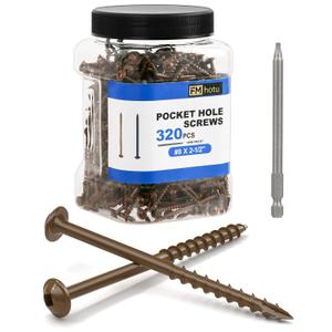 #8 Pocket Hole Screws 2-1/2 Inch, 320Pcs Coarse Thread Wood Screws, Square Drive, Washer Head, 4-Layer Coating, Drive Bit Included (Brown)