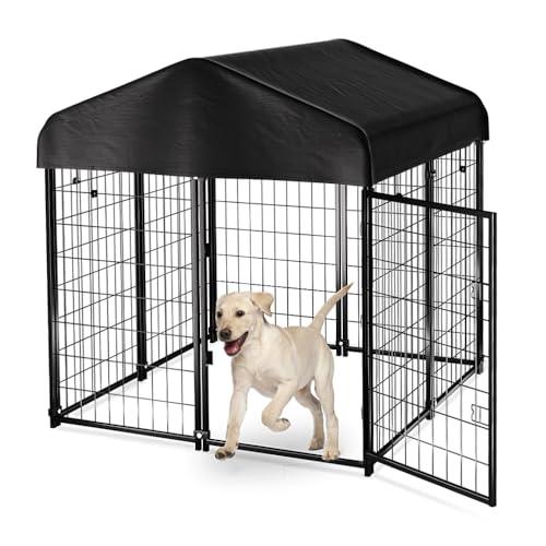 Dog Kennel Outside with Roof, 4'x4'x4.5' Outdoor Dog Kennels for Large Dogs, Heavty Duty Welded Dog Crate Playpen with UV-Resistant Waterproof Cover