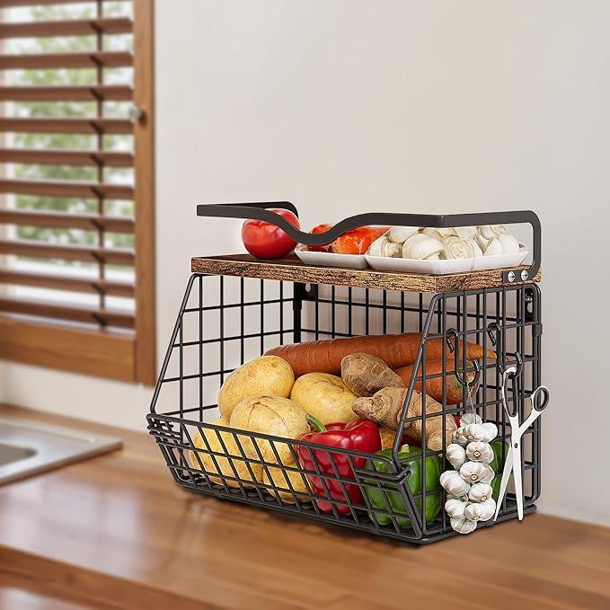 Fruit Bowl Hanging Fruit Basket for Kitchen Counter,Stackable Wire Baskets for Onion Storage and Potato Storage with Wood Lid,Vegetable Fruit Basket with Banana Hooks (Black+1 Pack)