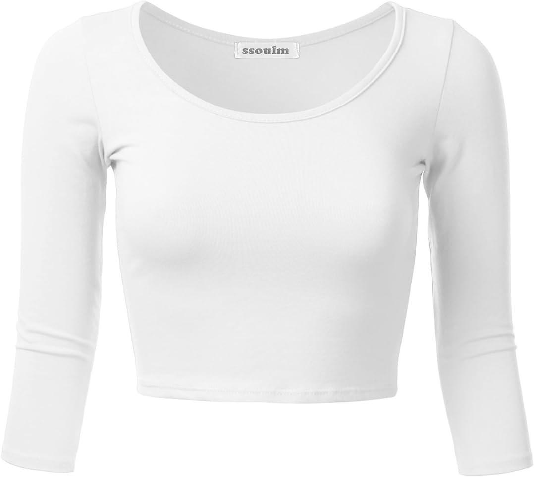 SSOULM Women's 3/4 Sleeve Scoop Neck Cotton Slim Fit Crop Top, M