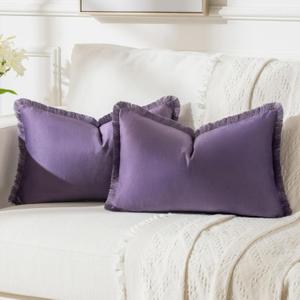 FUTEI Eggplant Purple Velvet Decorative Throw Pillow Covers 12x20 Set of 2,Soft Cozy Edge with Tassels Lumbar Pillow Cases,Boho Modern Home Decor for Couch Bed Living Room