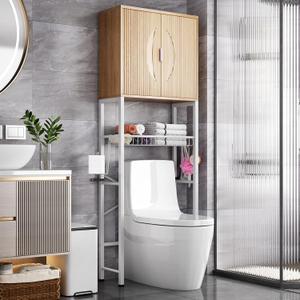 Kalrin Over The Toilet Storage Cabinet with Fluted Wave Doors and Adjustable Shelf, Wood Over Toilet Storage Rack with Drain Basket, Freestanding Bathroom Organizer for Balcony Laundry, Wood & White, 23.62 inches x 9.45 inches x 66.54 inches