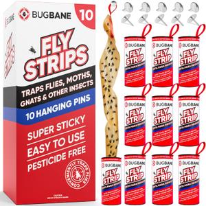 Fly Strips Indoor Sticky Hanging 10pk with Pins. Non Toxic Outdoor Fly Trap Indoor for Home. Flies Tape Paper Trap Ribbon Roll for House Gnat Fruit and Housefly. Bug Catchers for Inside Home Flypaper.