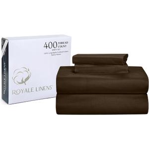 ROYALE LINENS 400 Thread Count 100% American Grown Cotton 3 Piece Sateen Twin Sheet Set - 1 Fitted Sheet, 1 Flat Sheet, 1 Pillow case - Brown Twin Bedsheet - Cotton Sheets - (Twin, Hazel Nut)