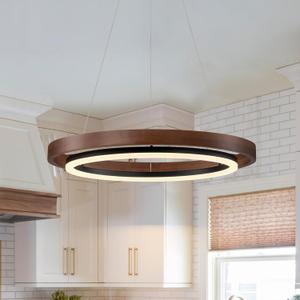 Modern LED Wooden Chandelier, 24" Dimmable 1-Ring Round Farmhouse Walnut Color Circular Dining Room Light Fixtures for Entryway Kitchen Foyer Living Room