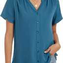 Womens Summer Short Sleeve V Neck Dressy Casual Button Business Work Blouse Tops (Small, Blue)