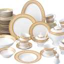 57-Piece Bone China Dinnerware Set, Service for 8, White and Golden Greek Key
