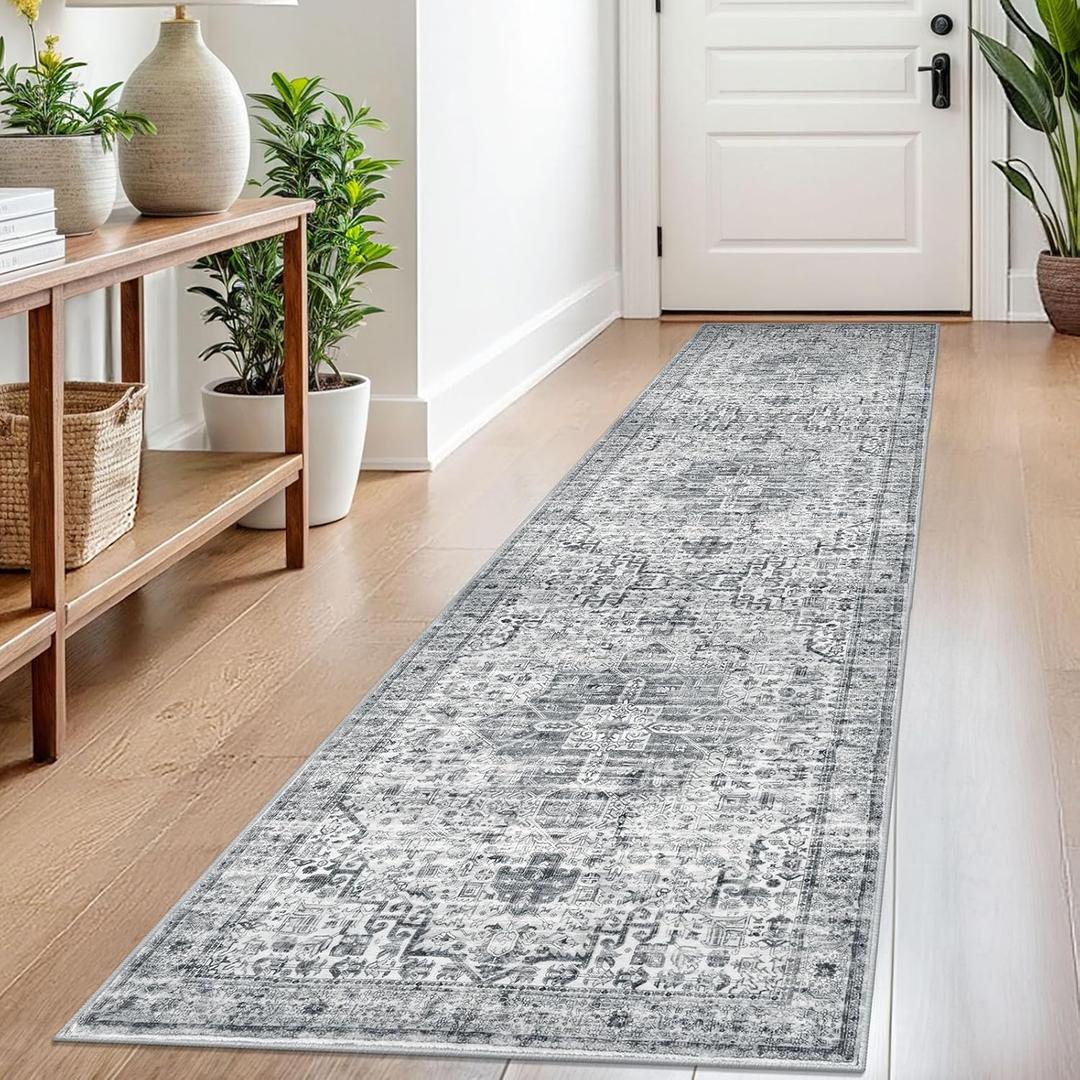 2x8 Grey Blue White Washable Runner Rug for Hallways, Soft Neutral Vintage Printed Runners with Non-Slip, Non-Shedding Boho Rugs for Bedroom Kitchen Porch Laundry Indoor