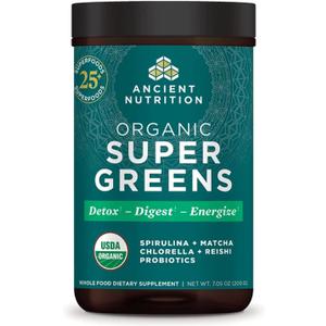 Ancient Nutrition Super Greens Powder, Organic Superfood Powder with Probiotics Made with Spirulina, Chlorella, Matcha, and Digestive Enzymes, 25 Servings, 7.05oz, BB Date: 08/13/26