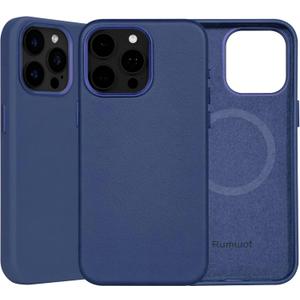 Genuine Leather Case for iPhone 15 Pro - Full Grain Leather Phone Case with MagSafe and Wireless Charging - Metal Buttons Camera Bezel - Slim Fit - Drop and Scratch Resistant - Navy Blue