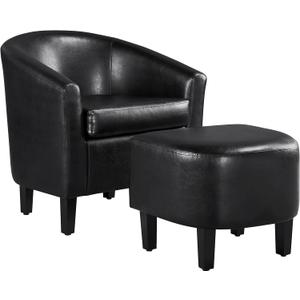 Yaheetech Accent Chair with Ottoman Set, Modern Faux Leather Upholstered Soft Barrel Chair and Footrest, Club Armchair and Footstool for Living Room/Bedroom/Reading Room/Guest Room, Black