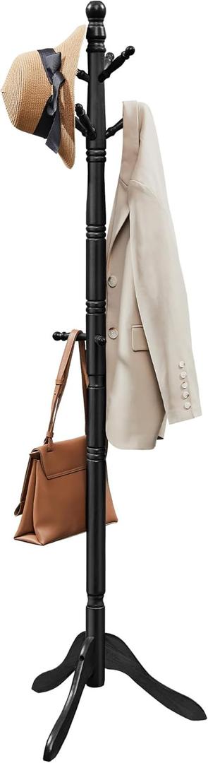 VASAGLE Solid Wood Coat Rack and Stand, Free Standing Hall Coat Tree with 10 Hooks for Hats, Bags, Purses, for Entryway, Hallway, Rubberwood, Ink Black URCR003B01