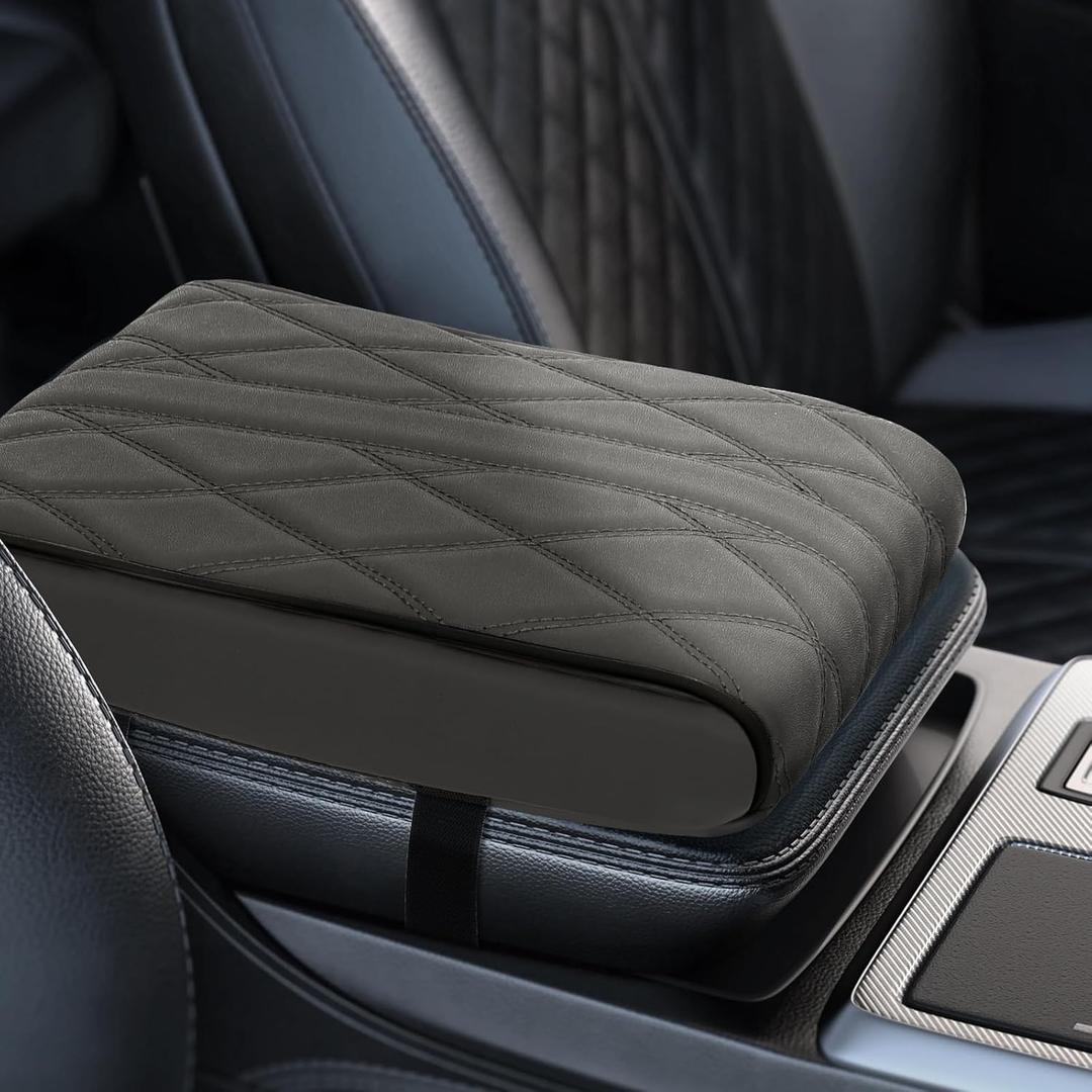 Memory Foam Car Armrest Cushion - Premium Leather Armrest Cover for Car, Comfortable Protection, Universal Fit Center Console Cover for Car, SUV, Sedan, Easy Installation (Gray) (Texture2)