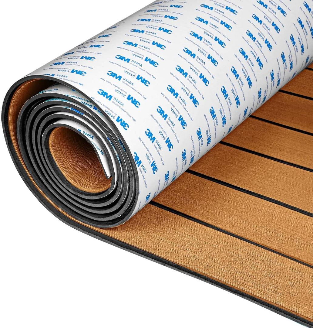 OCEANBROAD EVA Foam Boat Flooring with 3M Adhesive Backing Marine Self-Adhesive Decking 96''x45.6''/36''/28.8''/16.8'', 48''x16.8'' Faux Teak Sheet for Jon Boats Swim Platform Helm Pad RV Floor (96''x24''-16sqft, Brown with Black Seam Lines)