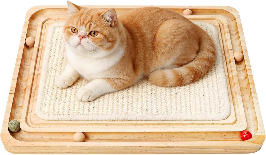 Cat Scratching Pad with Ball Track Toy Interactive Cat Scratcher Board with Rolling Balls Natural Wood Sisal Cat Scratch Pad for Indoor Cats
