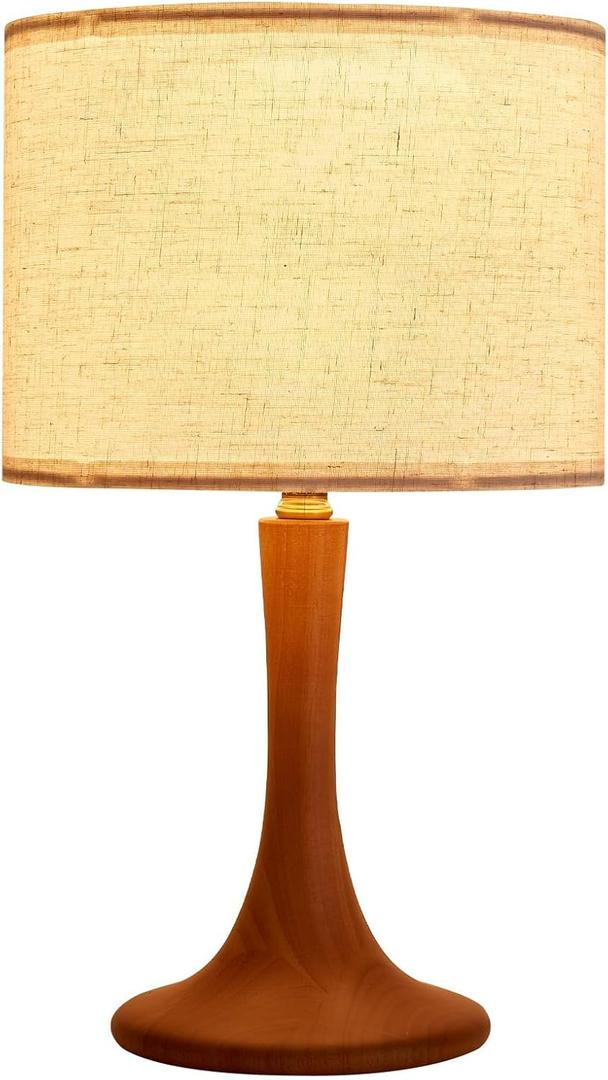 Bedside Table Lamp for Bedroom, Nordic Plug in Fabric Shade & Solid Wood Base Desk Lamp, Plug & Play Red Wood Color Nightstand Lamp for Living Room, Office, Switch Power Cord Bulb Not Included