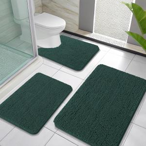 OLANLY Bathroom Rugs Sets 3 Piece, Soft Absorbent Chenille Bath Mat and U-Shaped Contour Toilet Rug, Quick Dry, Home Decor Accessories, Bath Mat Set for Floor (30"x20"+24"x16"+24"x20", Blackish Green)